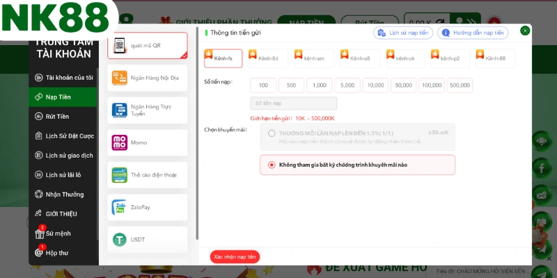 Chọn kênh nạp tiền NK88 phù hợp để thực hiện giao dịch