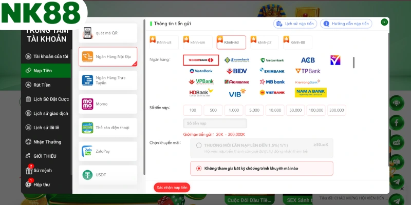 Nạp tiền NK88 an toàn, thuận tiện qua ngân hàng