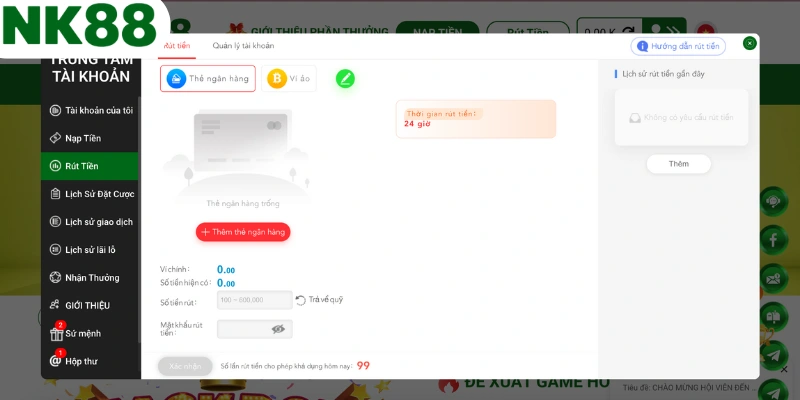 Rút tiền thưởng tại NK88 an toàn về ngân hàng